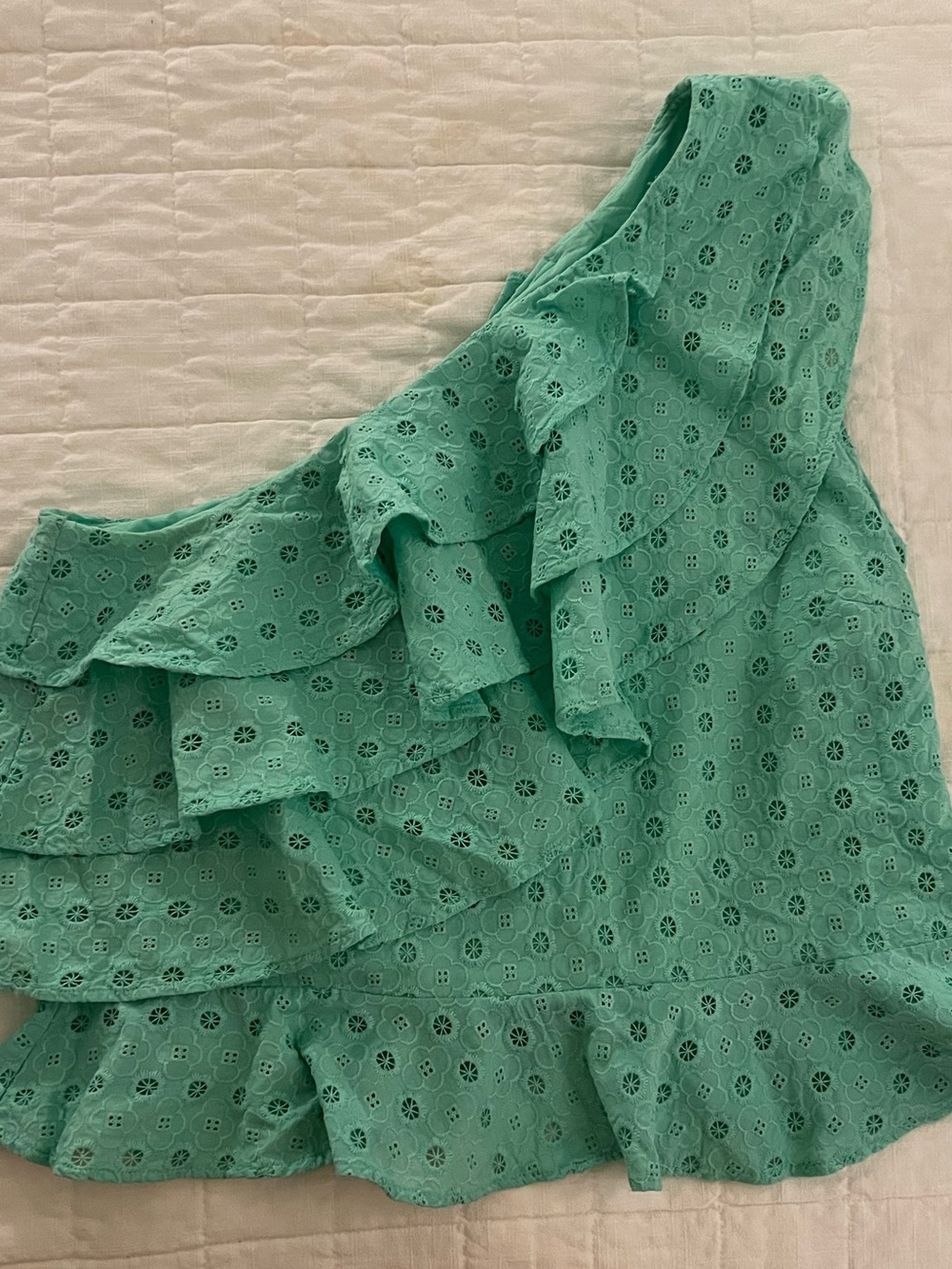 New York & Company Mint Green One-Shoulder Ruffle Eyelet Summer Top Size Large